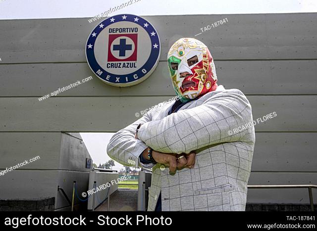 MEXICO CITY, MEXICO - AUGUST 4: Wrestler Dr Wagner poses for photos before a press conference at La Noria, high performance center of the Cruz Azul football...