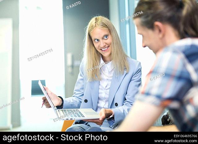 Business meeting. Client consulting. Confident business woman, real estate agent, financial advisor explaining details of project or financial product to client...