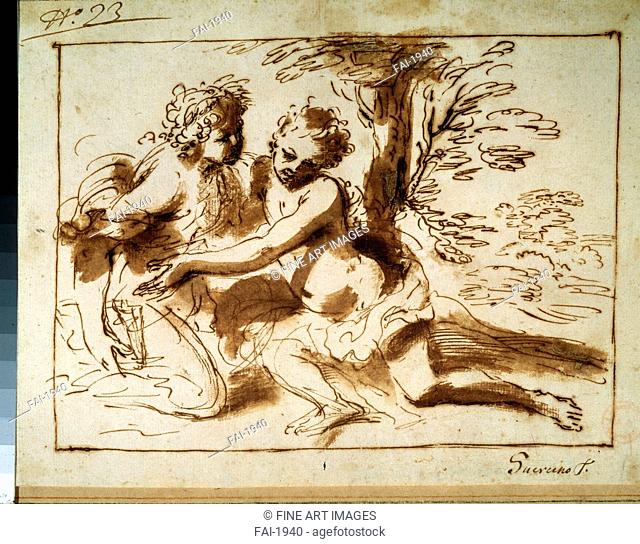 Two Figures in a Landscape. Mola, Pier Francesco (1612-1666). Pen, brush, Indian ink on paper. Baroque. State A. Pushkin Museum of Fine Arts, Moscow