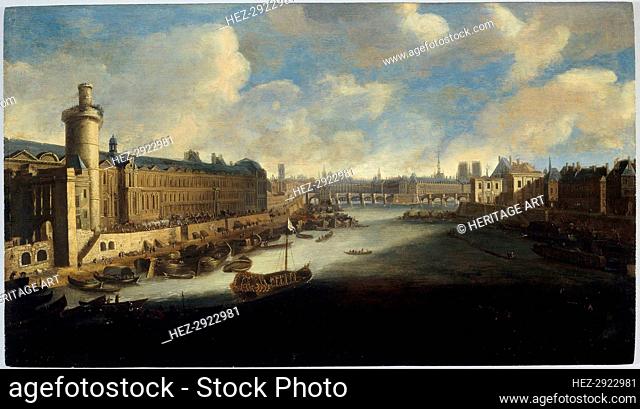 Grande Galerie of the Louvre, with new gate, the Pont-Neuf, the city, College.., around 1665. Creator: Unknown