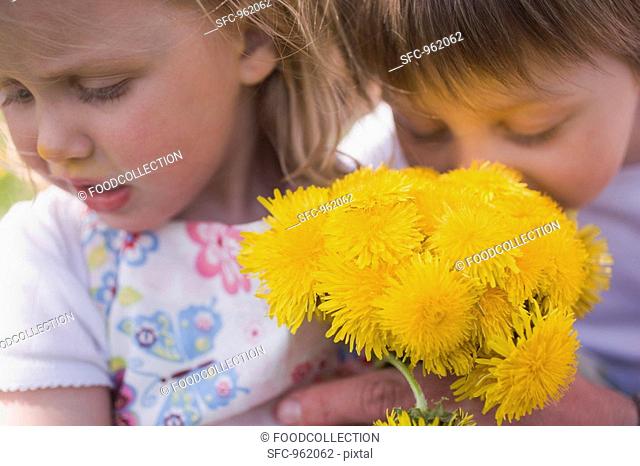 Two children with a bunch of dandelions