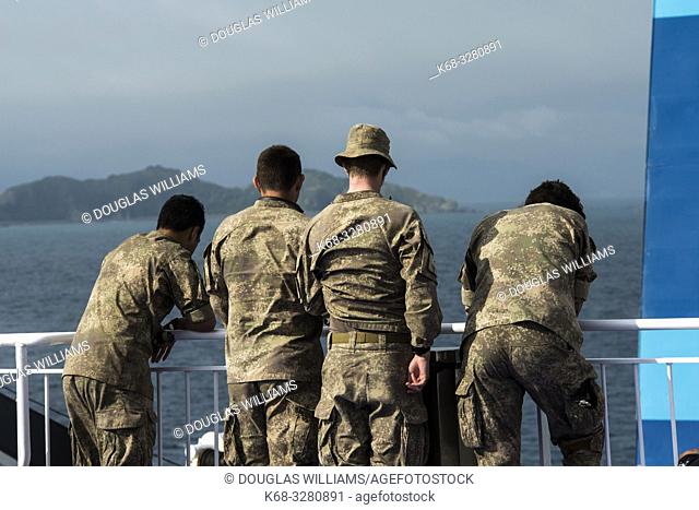 New Zealand soldiers on the ferry from Wellington to Picton, New Zealand