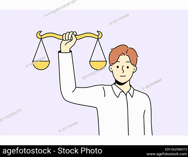 Man holding scales in hands showing balance. Male with weighs demonstrate justice and law. Human rights concept. Vector illustration
