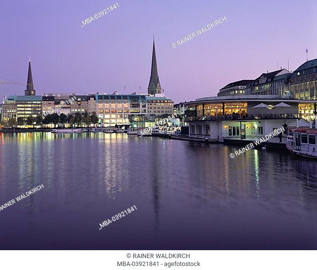 Germany, Hamburg, Ballin-dam, Jungfernstieg, Alster-pavilion, twilight, Northern Germany, hanseatic city, river, Alster, ship-investors, jetty, trip-boats