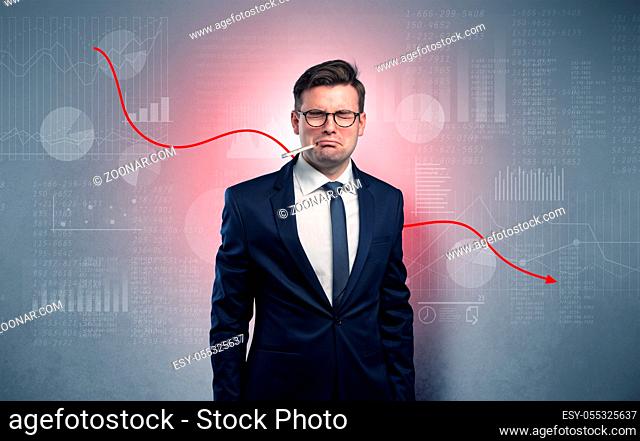 Young sick businessman with decreasing performance concept