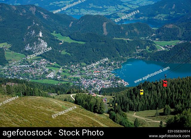 ZWOLFERHORN, ST GILGEN, AUSTRIA - SEPTEMBER 15 : Zwolferhorn Mountain Cable Car Running down to St Gilgen, Austria on September 15, 2017