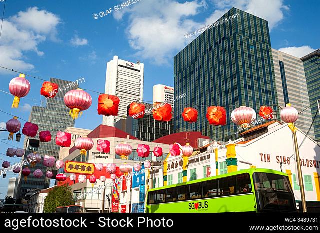 Singapore, Republic of Singapore, Asia - Annual street decoration with colourful paper lanterns along South Bridge Road for the traditional Chinese New Year...
