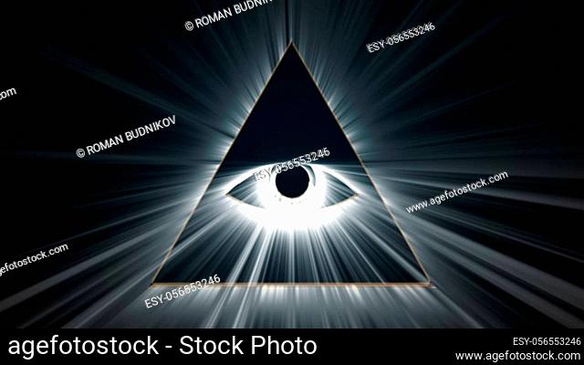 Mason symbolism all seeing eye, computer generated. 3d render delta with rays on dark background