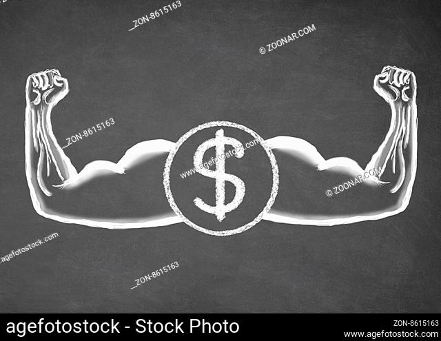 Strong dollar. Financial concept. Drawn muscle on blackboard. Closeup