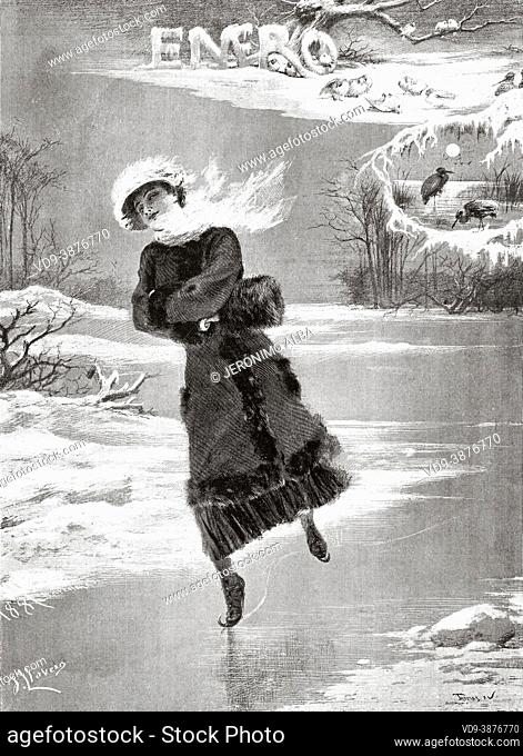 Allegory of the month of January, beautiful young 19th century woman skating on ice by Josep Llovera i Bufill (1846-1896) was a Catalan painter and newspaper...