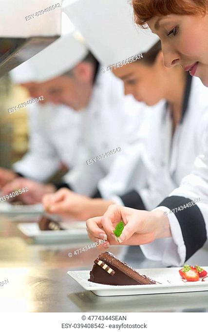 Team of young chefs in a row garnishing dessert plates in commercial kitchen