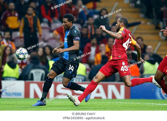 Club's David Okereke and Galatasaray's Marcos do Nascimento Teixeira fight for the ball during a game between Turkish club Galatasaray and Belgian soccer team...