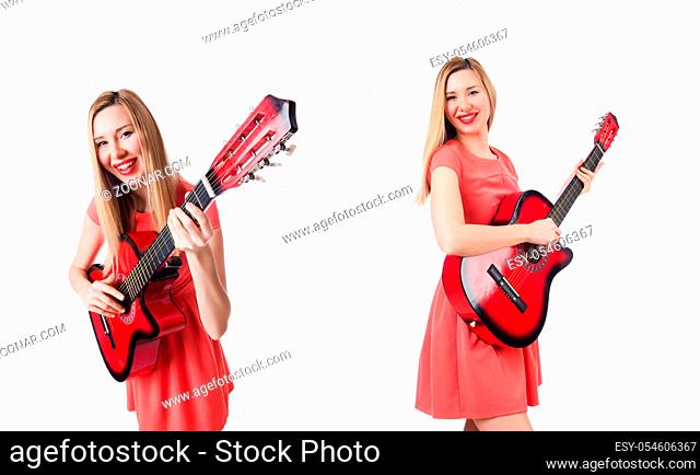 The female guitar player isolated on white