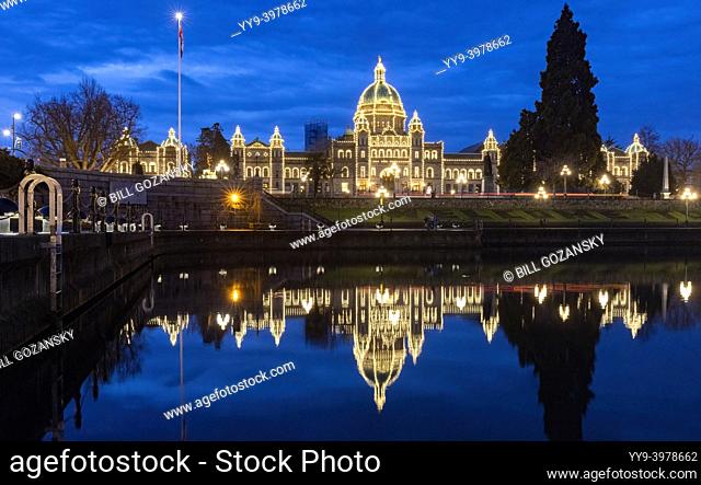 British Columbia Parliament Buildings at night in Victoria, Vancouver Island, British Columbia, Canada