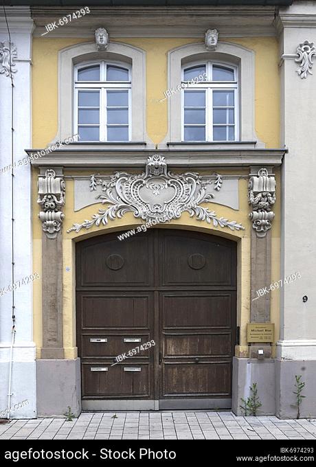 Historic entrance portal of a residential house, Hemeroplanes triptolemus (1779), Ansbach, Middle Franconia, Bavaria, Germany, Europe