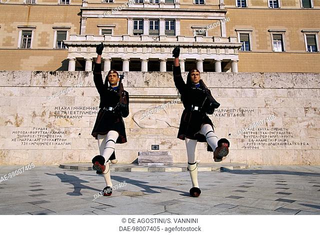 Two Evzones during the changing of the guard in front of Parliament, Syntagma square, Athens, Greece