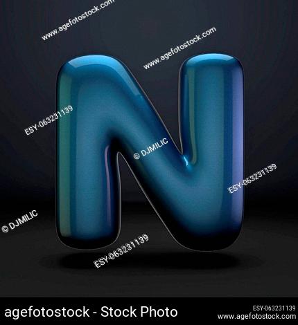 Dark blue shiny font Letter N 3D rendering illustration isolated on black background