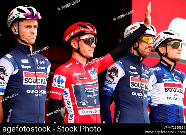 Belgian Remco Evenepoel, wearing the red jersey of the leader in the general ranking, and his teammates of Soudal Quick-Step pictured at the start of stage 4 of...
