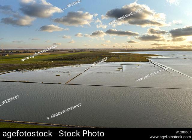 Drone view, landscape at the Dockkoogspitze with the mouth of the Husumer Au river, Husum, Schleswig-Holstein, Germany, Europe