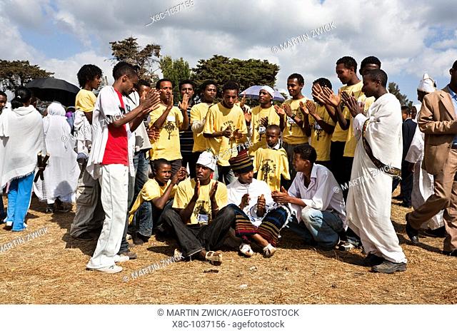 groups of dancers and musicans are celebrating timkat  Timkat ceremony of the ethiopian orthodox church in Addis Ababa  timkat or Epiphany is the biggest church...