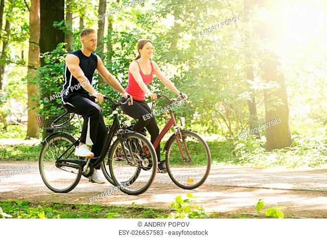 Young Happy Couple Riding Bicycles In Park