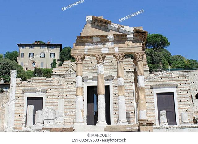 Ruins of the roman temple called Capitolium or Tempio Capitolino in Brescia in italy