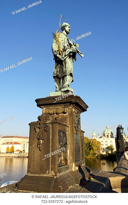 Prague (Czech Republic). Sculpture of San Juan Nepomuceno or Juan de Nepomuk on the Charles bridge in the city of Prague