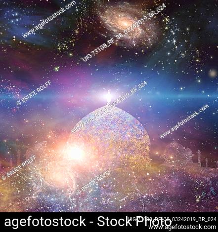 Temple in eastern style. Universe with galaxies on a background