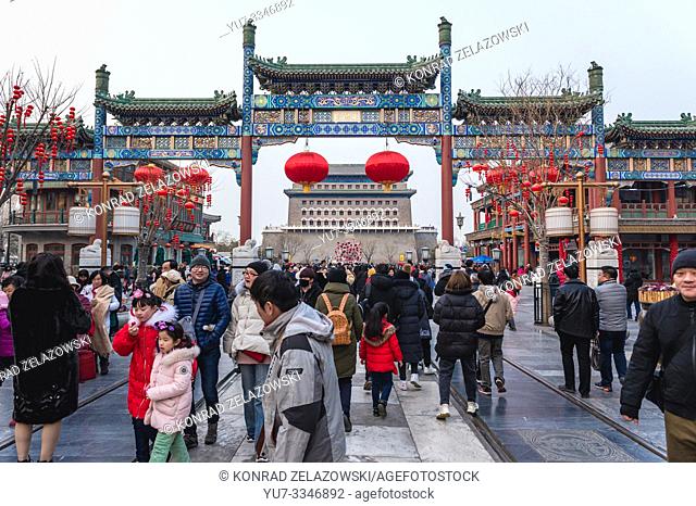 Qianmen Street in Beijing, China - view with Zhengyangmen Archery tower and Memorial Arch