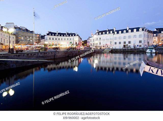 The port by night, town of Vannes, departament de Morbihan, Brittany, France