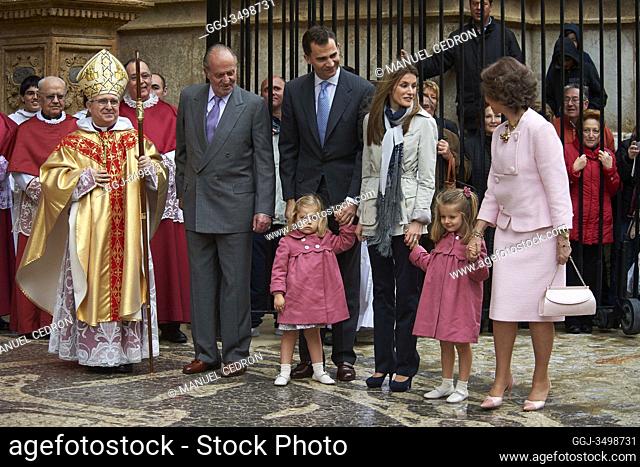 Prince Felipe of Spain, King Juan Carlos of Spain, Queen Sofia of Spain, Princess Letizia of Spain, Princess Sofia and Princess Leonor attend Easter Mass at...