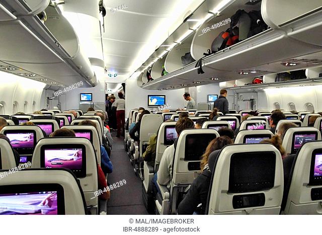 Seats Economy Class, Airbus A 380 Qatar Airways, interior view, in front of takeoff, Qatar