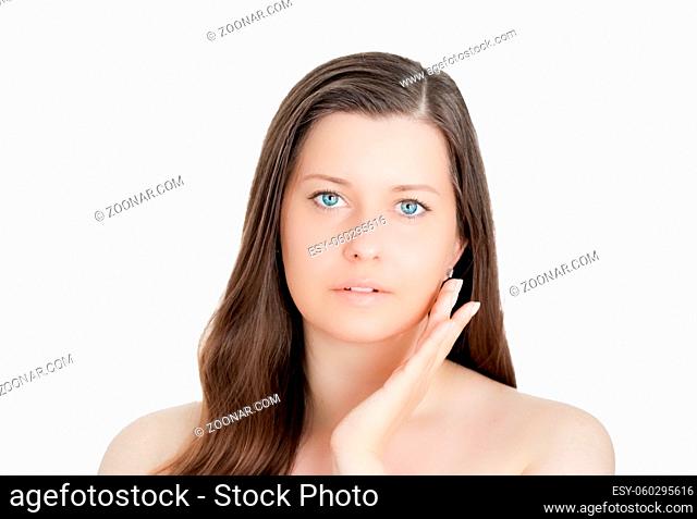 Beautiful woman with natural look, perfect skin as make-up and wellness concept, isolated on white background. Face portrait of young female model for skincare...