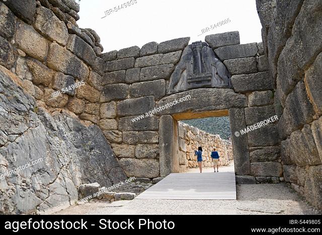 Lion's Gate, Mykenai, Mykenae, Myzen, entrance to the royal castle, royal castle, Mycenae, Argolis, Peloponnese, Greece, Europe