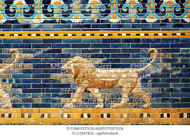Coloured glazed brick panels depicting Lions stiding from the facade of the Throne Room dating from 604-562 BC. Babylon (present day Iraq)