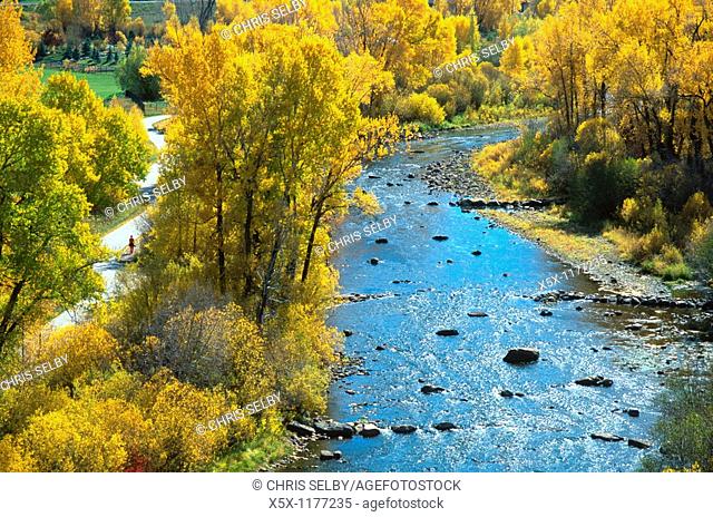 Yampa river core trail meandering beside the Yampa river in fall, Steamboat Springs, Colorado, USA