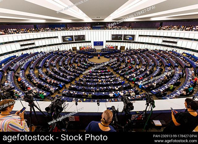 13 September 2023, France, Straßburg: Ursula von der Leyen (CDU, EPP Group), President of the European Commission, stands in the European Parliament building...