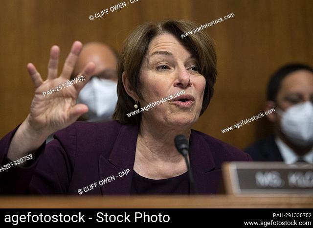 United States Senator Amy Klobuchar (Democrat of Minnesota) questions a witness during the Senate Judiciary Subcommittee on Competition Policy, Antitrust