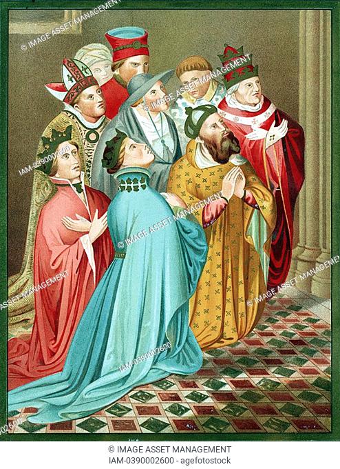 Ferdinand I of Aragon and his Queen, with Sigismund 1368-1437 Holy Roman Emperor from 1433 and Pope Martin V 1368-1431 at time of Council of Constance 1417...