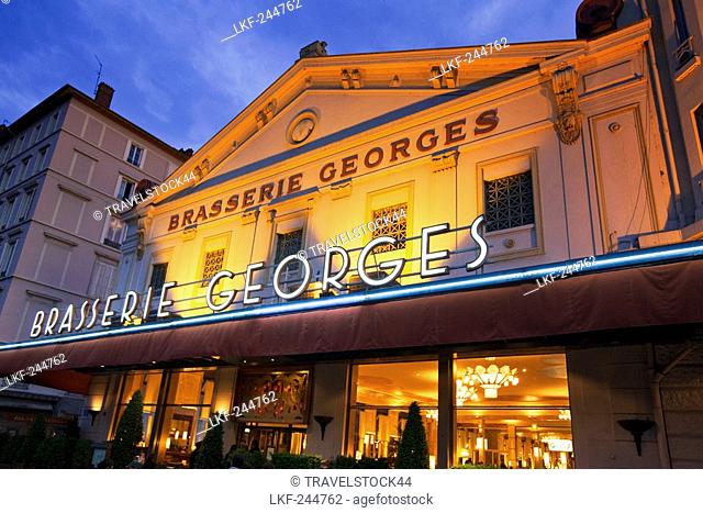 Brasserie Georges outdoor at twilight, Lyon, Rhone Alps, France
