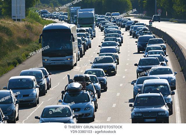 France, Orleans, motorway A10, Sunday 25/8/19 at West of town, recurent traffic jam at the return of summer vacation