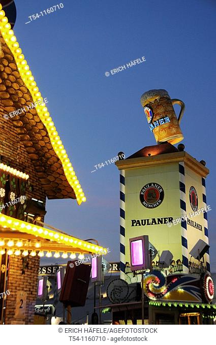 Paulaner beer tower at the Oktoberfest in Munich in the twilight