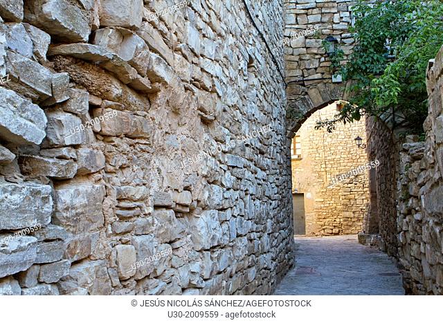 Street of Montfalcó Murallat, a extremly small medieval and fortified village. Segarra. Lleida province. Spain