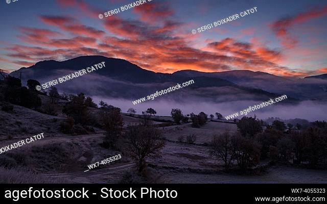 Winter sunrise in Noves de Segre, at the beginning of the Vallss d'Aguilar valley (Alt Urgell, Lleida, Catalonia, Spain, Pyrenees)