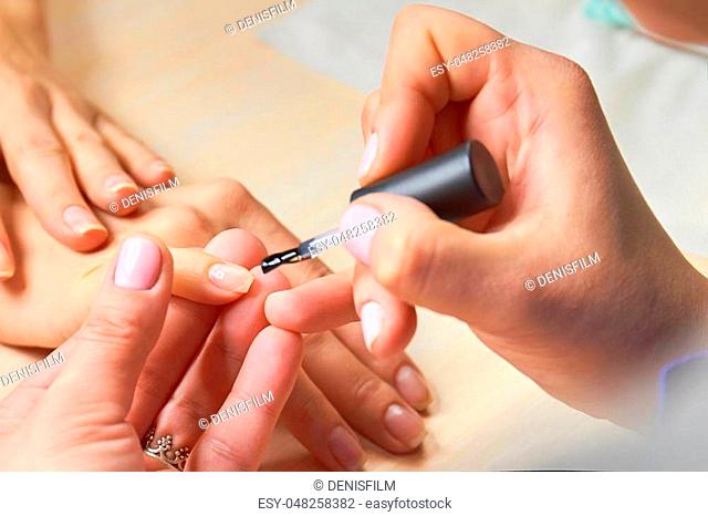 Manicurist applying colorless varnish. Female hands applying transparent  nail polish on healthy..., Stock Photo, Picture And Low Budget Royalty Free  Image. Pic. ESY-048258382 | agefotostock