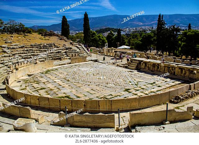 Theater of Dionysus Eleuthereus in Acropolis of Athens, Greece. The Theatre of Dionysus Eleuthereus is a major theatre in Athens