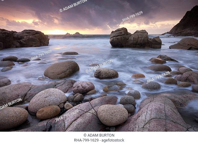 Sunset over The Brisons and Porth Nanven, West Cornwall, England, United Kingdom, Europe