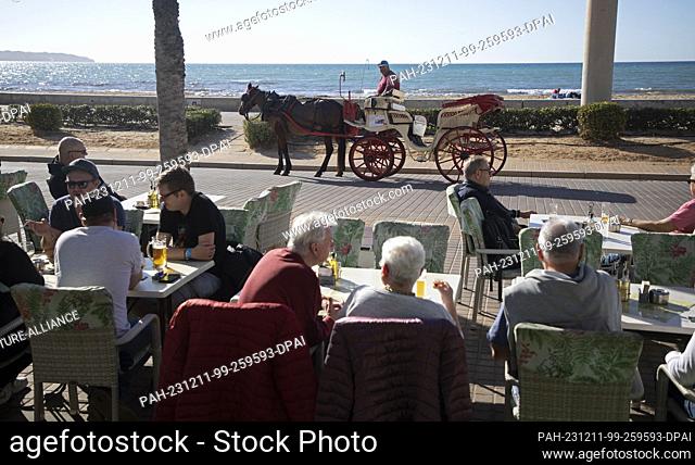 11 December 2023, Spain, Palma: A horse-drawn cart stands in front of a restaurant on Arenal beach on a sunny day with a record temperature of 24 degrees