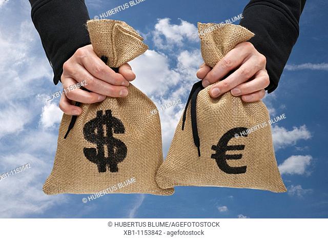 a money bag with dollar sign and one with Euro sign is hand-held