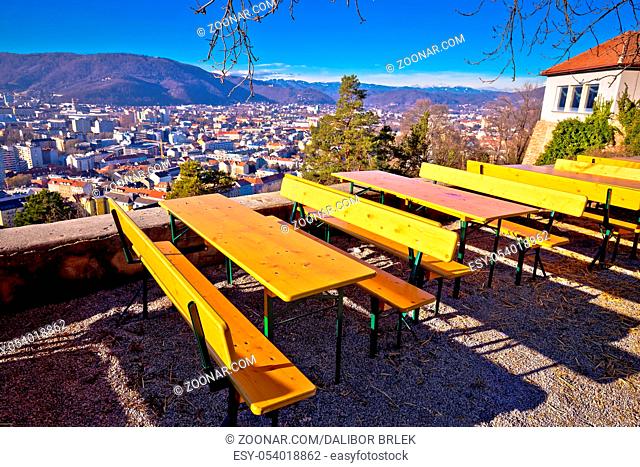 City of Graz viewpoint and restplace on the Schlossberg hill, Steiermark region of Austria